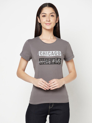 CANTABIL Printed Women Round Neck Grey T-Shirt