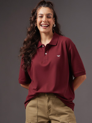 RISS CLOTHING Solid Women Polo Neck Maroon T-Shirt