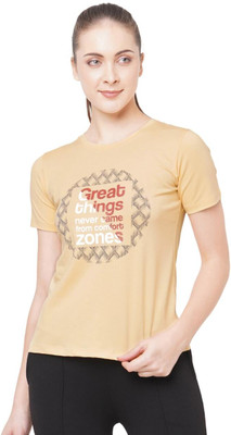 Laasa Sports Printed, Typography Women Round Neck Beige T-Shirt