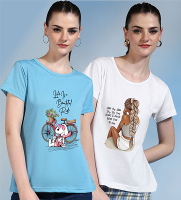 METRONAUT Printed Women Round Neck Light Blue, White T-Shirt