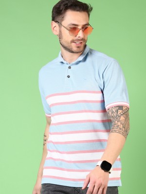 V-MART Striped Men Polo Neck Blue, Pink, White T-Shirt