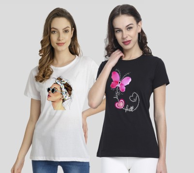 CHOQU Printed Women Round Neck White, Black T-Shirt