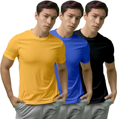 Fighterhero Solid, Sporty Men Round Neck Yellow, Blue, Black T-Shirt