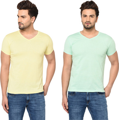Adorbs Trend Solid Men V Neck Green, Yellow T-Shirt