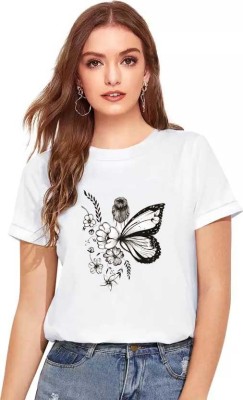 SQF Printed Women Round Neck White T-Shirt