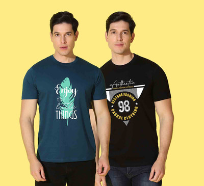WOOSTRO Printed, Typography Men Round Neck Dark Blue, Black T-Shirt