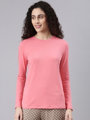 Enamor Solid Women Round Neck Pink T-Shirt