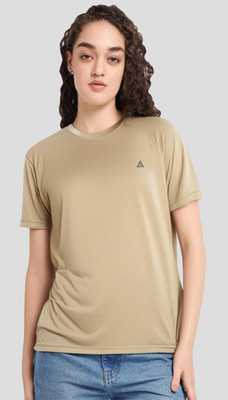 Adrenex Solid Women Round Neck Beige T-Shirt