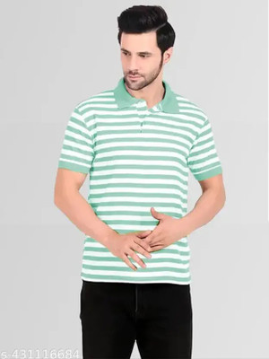 cnw Striped Men Polo Neck Green T-Shirt