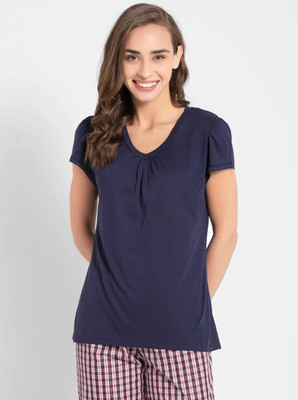 JOCKEY Solid Women V Neck Dark Blue T-Shirt