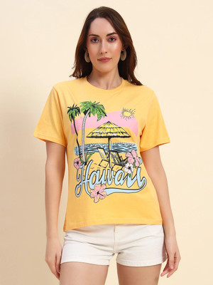 THE DRY STATE Printed Women Round Neck Yellow T-Shirt