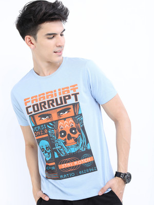 HIGHLANDER Printed Men Round Neck Blue T-Shirt
