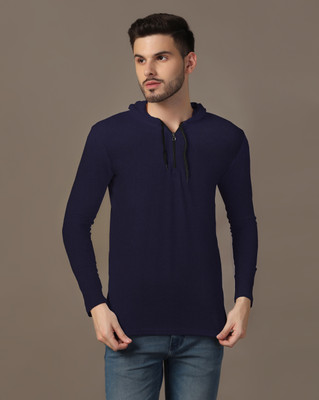GEUM Solid Men Hooded Neck Navy Blue T-Shirt