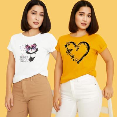 Kintu Parantu Printed Women Round Neck White, Yellow T-Shirt