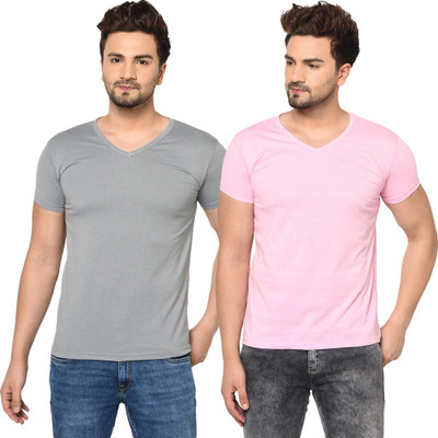 Tresna Fab Solid Men V Neck Pink, Grey T-Shirt
