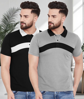 SCOWET Colorblock Men Polo Neck Black T-Shirt