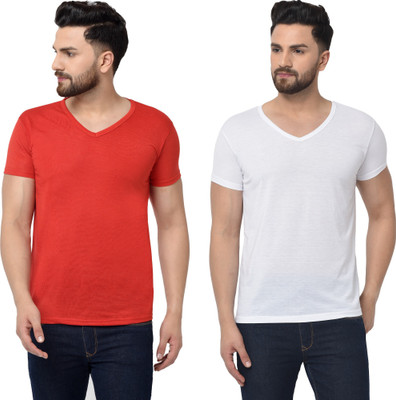 Tresna Trendy Solid Men V Neck Red, White T-Shirt