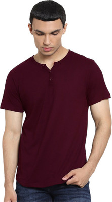 LazyChunks Solid Men Henley Neck Maroon T-Shirt