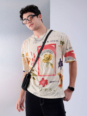 The Indian Garage Co. Abstract Men Crew Neck Beige T-Shirt