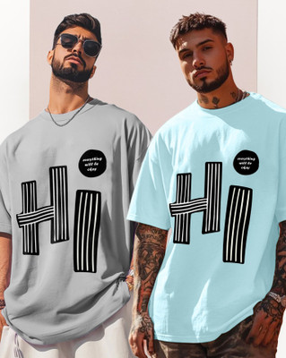 AOOSH Printed Men Round Neck Light Blue, Grey T-Shirt