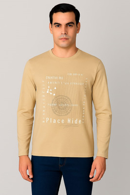 SAND PIPER Printed Men Round Neck Beige T-Shirt