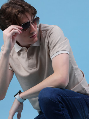 V-MART Solid Men Polo Neck Beige T-Shirt