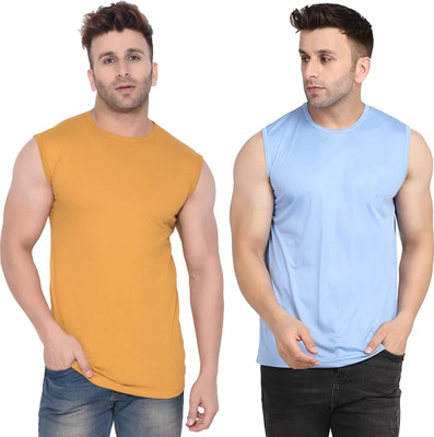 Moordale Fab Solid Men Round Neck Yellow, Blue T-Shirt