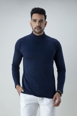 GLAMPANDA Solid Men Turtle Neck Navy Blue T-Shirt