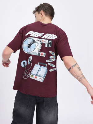 Glitchez Printed Men Round Neck Maroon T-Shirt
