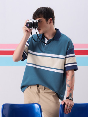 The Souled Store Colorblock Men Polo Neck Blue T-Shirt