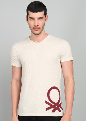 United Colors of Benetton Printed Men V Neck White T-Shirt