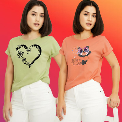 Parona Printed Women Round Neck Green, Pink T-Shirt