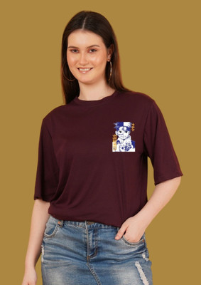 Kasendra Printed Women Round Neck Maroon T-Shirt