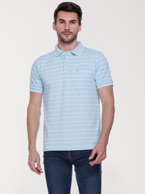 Juki Striped Men Polo Neck Light Blue, White T-Shirt