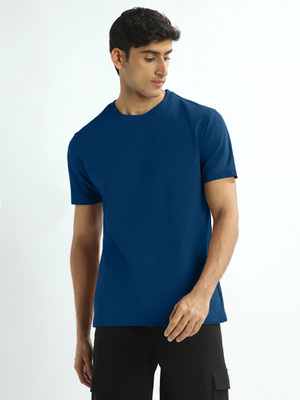 NOBERO Solid Men Crew Neck Navy Blue T-Shirt