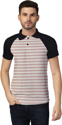 Blisstone Striped Men Polo Neck Pink T-Shirt