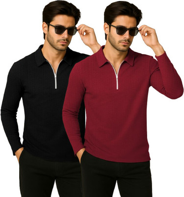 VINTAGE CROWN Self Design Men Zip Neck Black, Maroon T-Shirt
