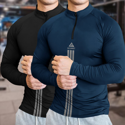 SCOWET Striped Men High Neck Navy Blue T-Shirt