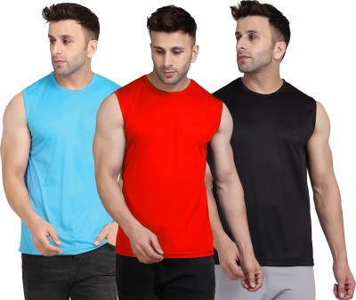 UDI n ADI Solid Men Round Neck Red, Light Blue, Black T-Shirt