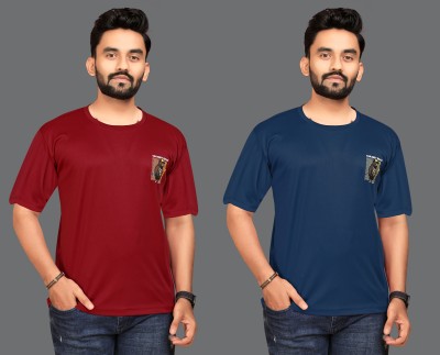 Plorviz Printed Men Round Neck Maroon, Blue T-Shirt