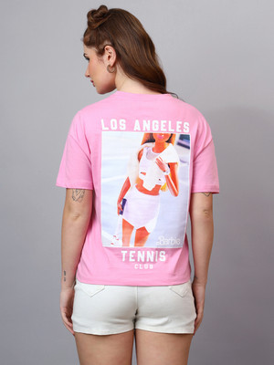 Free Authority Printed Women Round Neck Pink T-Shirt