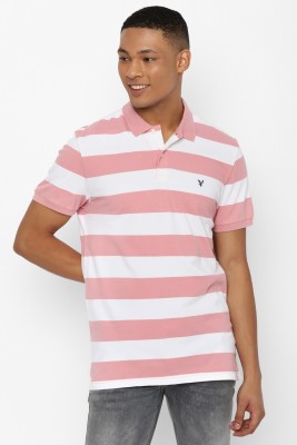 American Eagle Striped Men Polo Neck Pink T-Shirt