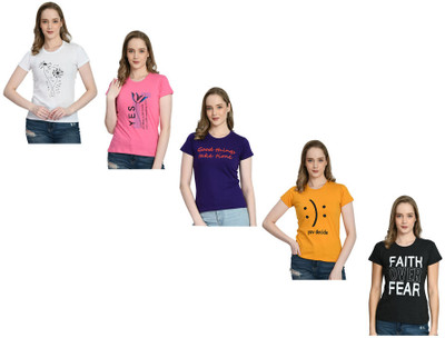 IndiWeaves Printed Women Round Neck White, Yellow, Silver T-Shirt