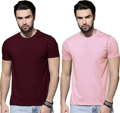 LazyChunks Solid Men Round Neck Maroon, Pink T-Shirt