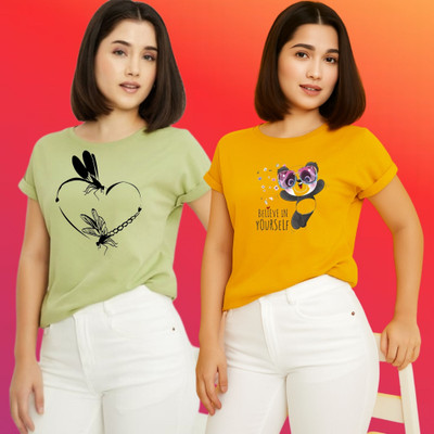 Parona Printed Women Round Neck Green, Yellow T-Shirt