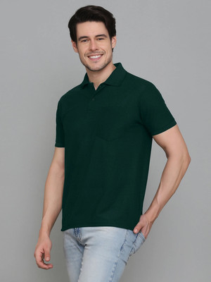 INKKR Solid Men Polo Neck Green T-Shirt