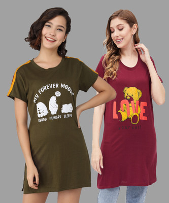 TRADSTER Striped, Printed Women Round Neck Dark Green, Maroon T-Shirt