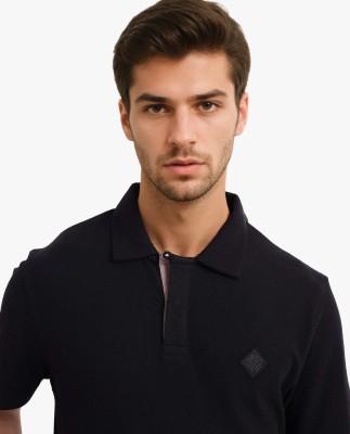 RARE RABBIT Solid Men Polo Neck Black T-Shirt