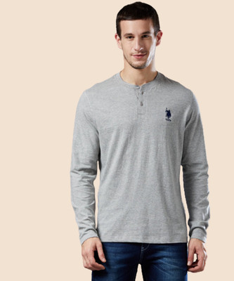 U.S. POLO ASSN. Embroidered Men Henley Neck Grey T-Shirt