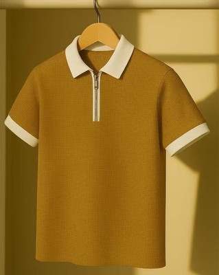 CrisPet Solid, Self Design Men Zip Neck Brown T-Shirt